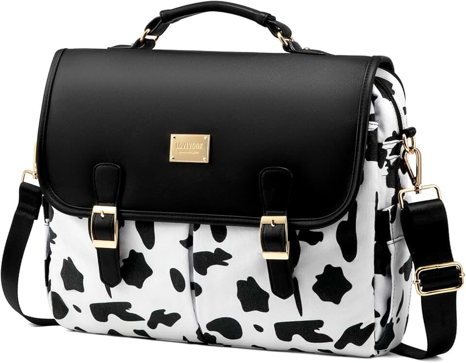 Large black cow print laptop bag for women