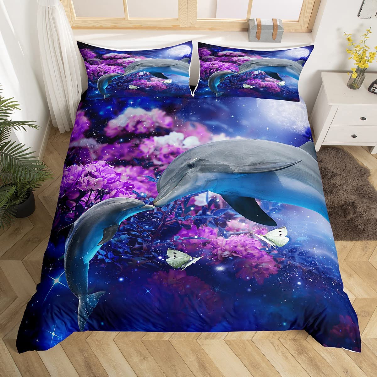 Cute Dolphin Duvet Cover Set Twin Size Purple Flower Print Comforter Cover Sea Animal Theme Bedding Set 2pcs for Kids Boys Girls Room Decor, Underwater Sealife Bedspread with 1 Pillowcase