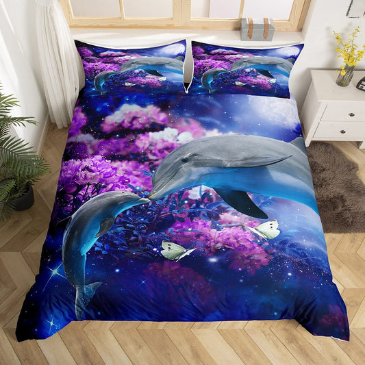 Cute Dolphin Duvet Cover Set Twin Size Purple Flower Print Comforter Cover Sea Animal Theme Bedding Set 2pcs for Kids Boys Girls Room Decor, Underwater Sealife Bedspread with 1 Pillowcase