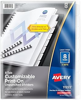 White unpunched divider tabs, 8 per set, 5 sets