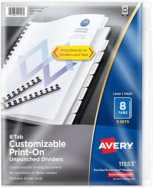 White unpunched divider tabs, 8 per set, 5 sets