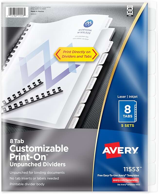 White unpunched divider tabs, 8 per set, 5 sets