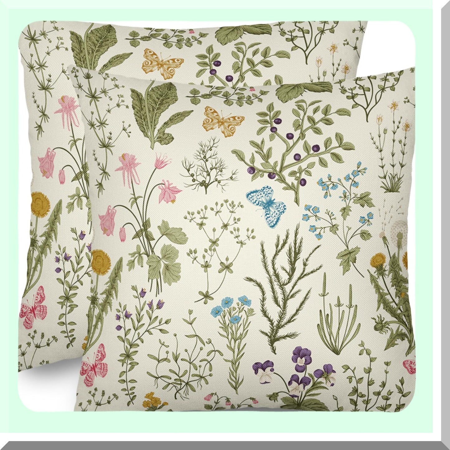 Floral Wild Flower Spring Pillow Covers Set of 2 - Sage Green Decorative Throw Pillows - Outdoor Plant Print Farmhouse Pillowcases - Linen Cushion Case for Home Sofa Bed - Summer Seasonal Decor
