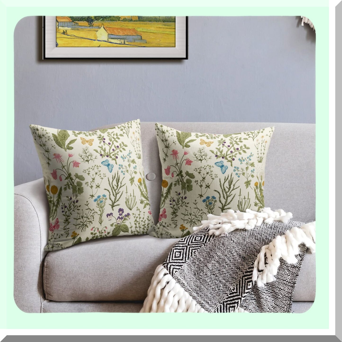 Floral Wild Flower Spring Pillow Covers Set of 2 - Sage Green Decorative Throw Pillows - Outdoor Plant Print Farmhouse Pillowcases - Linen Cushion Case for Home Sofa Bed - Summer Seasonal Decor