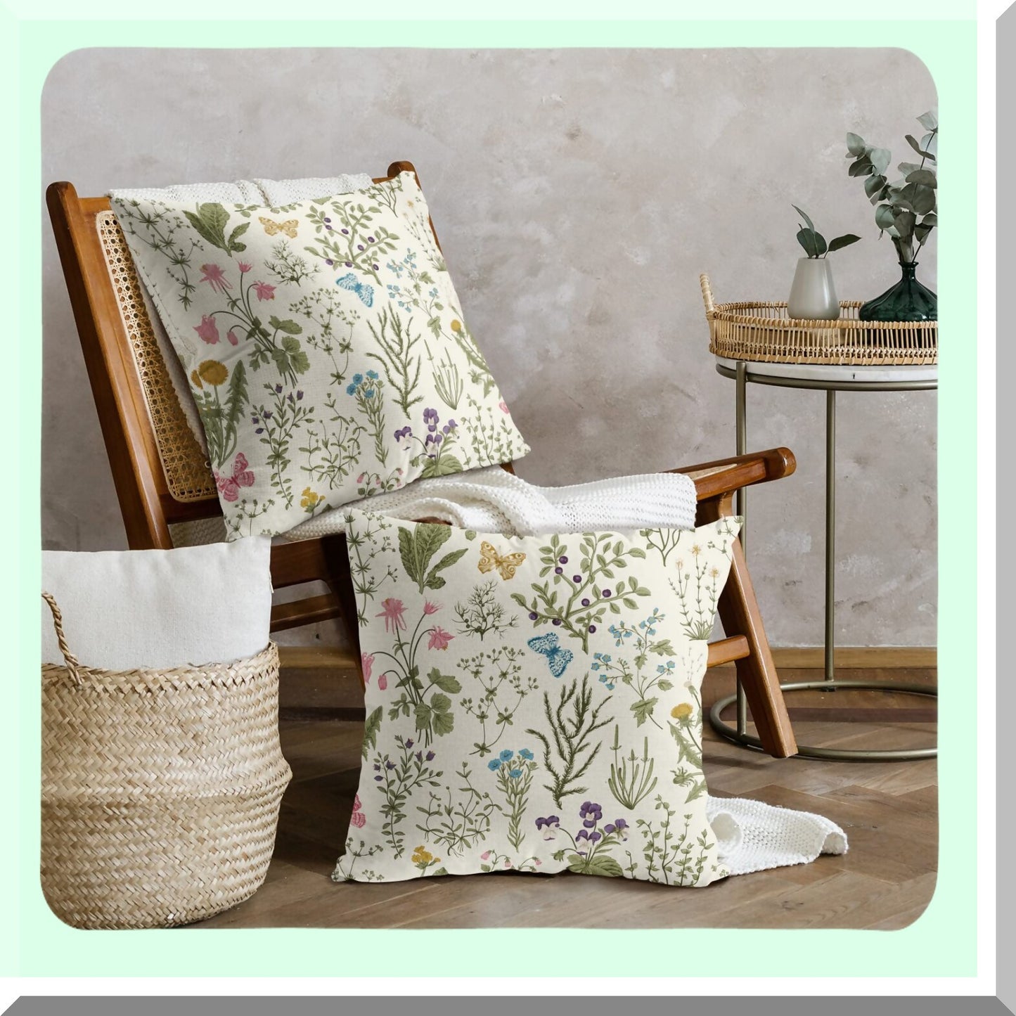 Floral Wild Flower Spring Pillow Covers Set of 2 - Sage Green Decorative Throw Pillows - Outdoor Plant Print Farmhouse Pillowcases - Linen Cushion Case for Home Sofa Bed - Summer Seasonal Decor