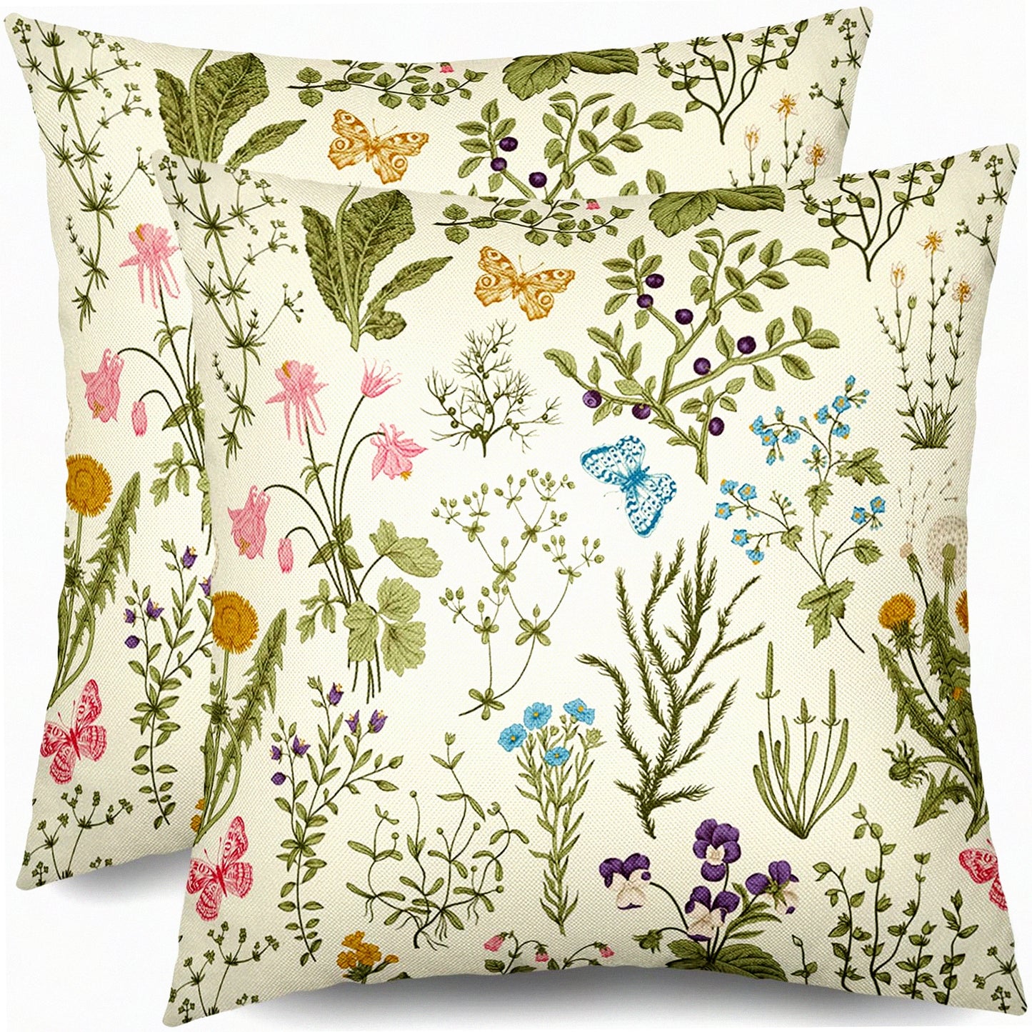Floral Wild Flower Spring Pillow Covers Set of 2 - Sage Green Decorative Throw Pillows - Outdoor Plant Print Farmhouse Pillowcases - Linen Cushion Case for Home Sofa Bed - Summer Seasonal Decor