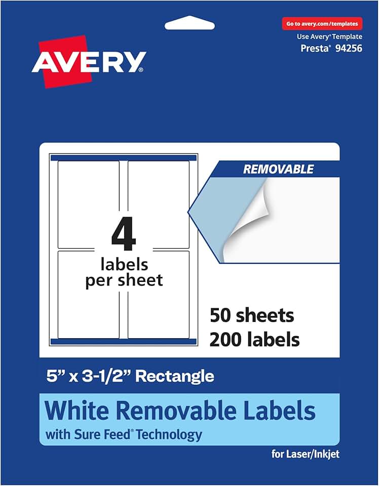 Matte White Removable Rectangle Labels, 5" x 3.5", 200