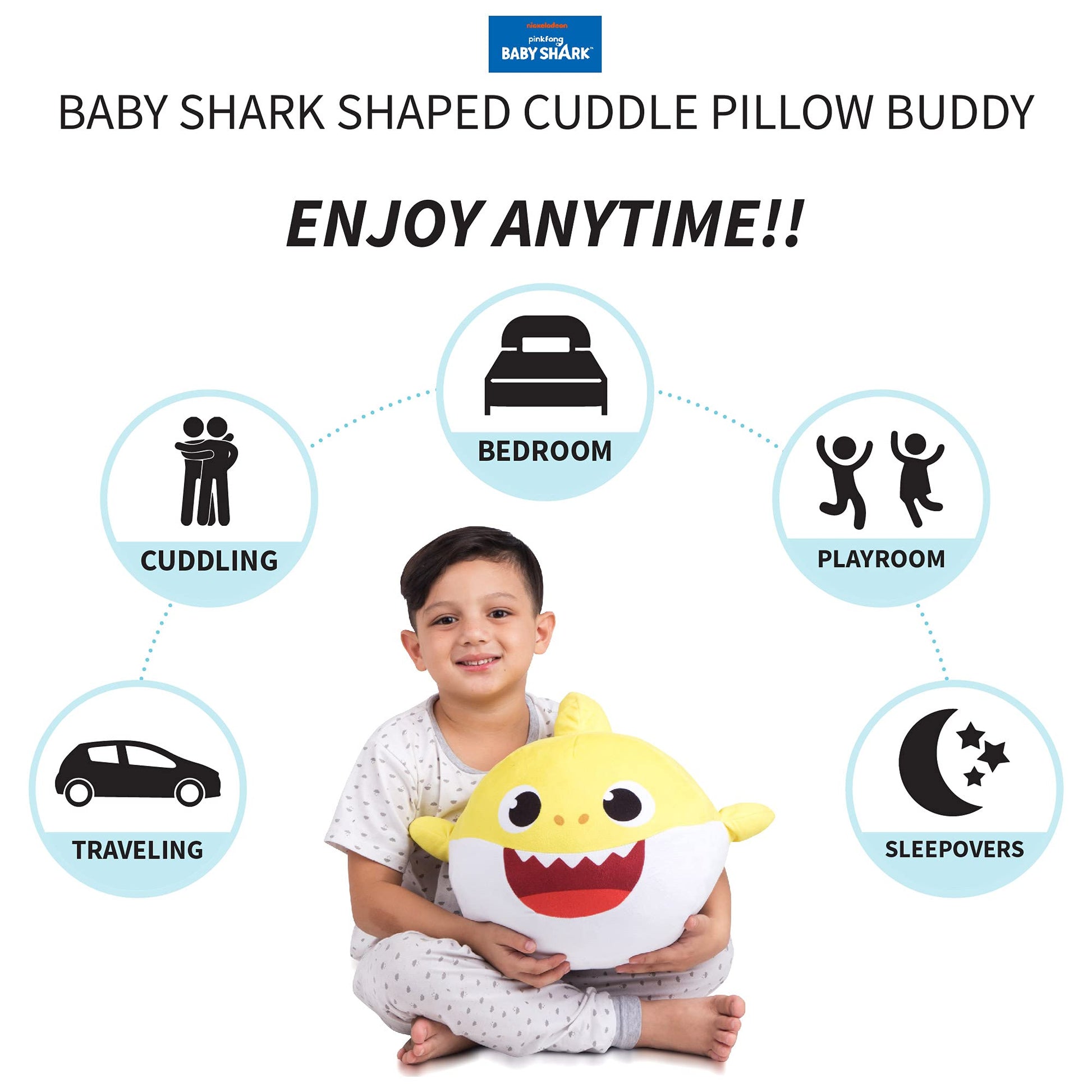 Baby Shark Yellow Kids Bedding Super Soft Plush Cuddle Pillow Buddy, One Size