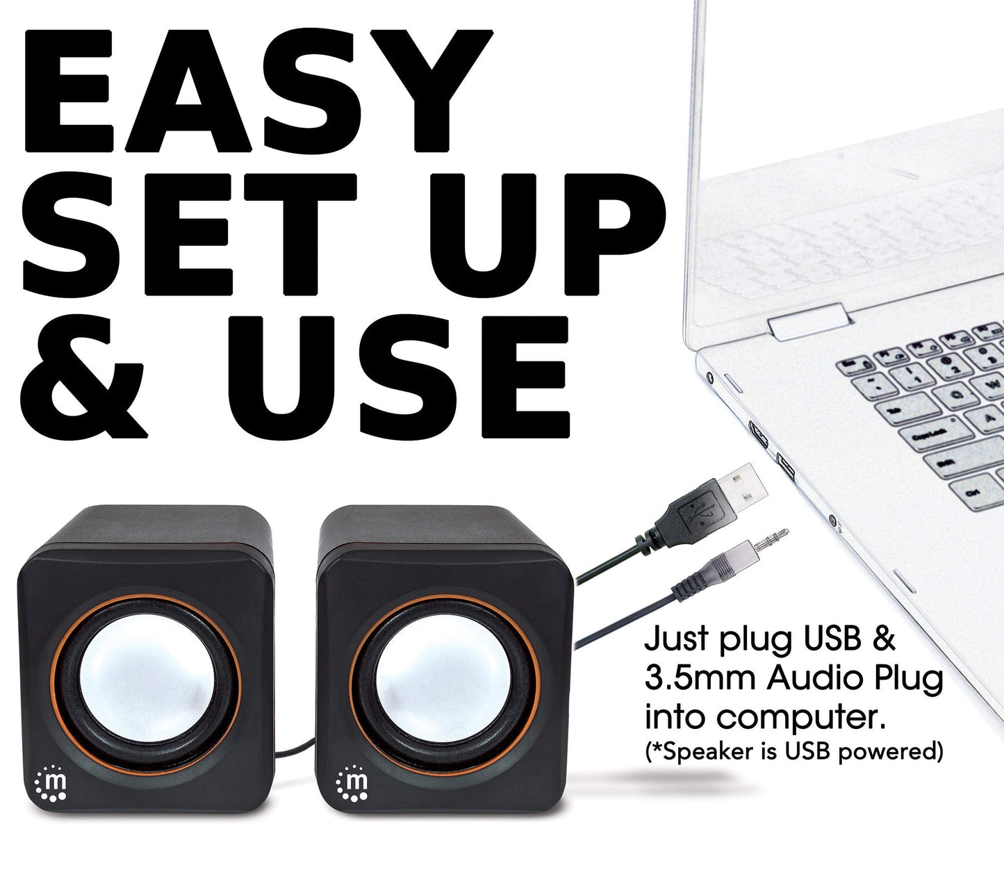 USB Powered Stereo Speaker System - Small Size - with Volume Control & 3.5 mm Aux Audio Plug to Connect to Laptop, Notebook, Desktop, Computer - 3 Yr Mfg Warranty - Black Orange, 161435