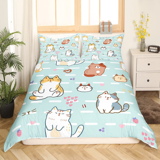 Cartoon Cat Bedding,Cute Kitten Print Duvet Cover for Kids Boys Girls Toddler Cat Lover,Pink Love Heart Str berry Comforter Cover for Bedroom,Twin Size K aii Pet Theme Quilt Cover with 1 Pillowcase