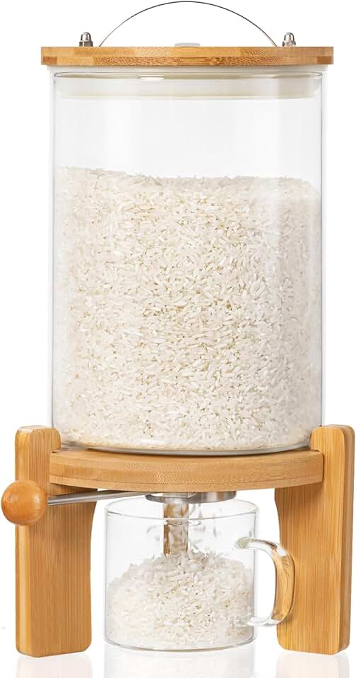 Glass Rice and Cereal Dispenser with Wooden Stand