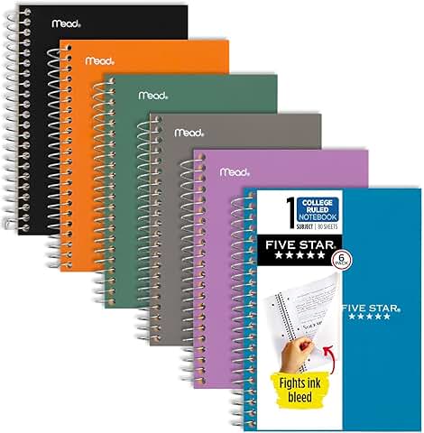 Six 1-Subject Spiral Notebooks, 80 Sheets, Assorted Colors