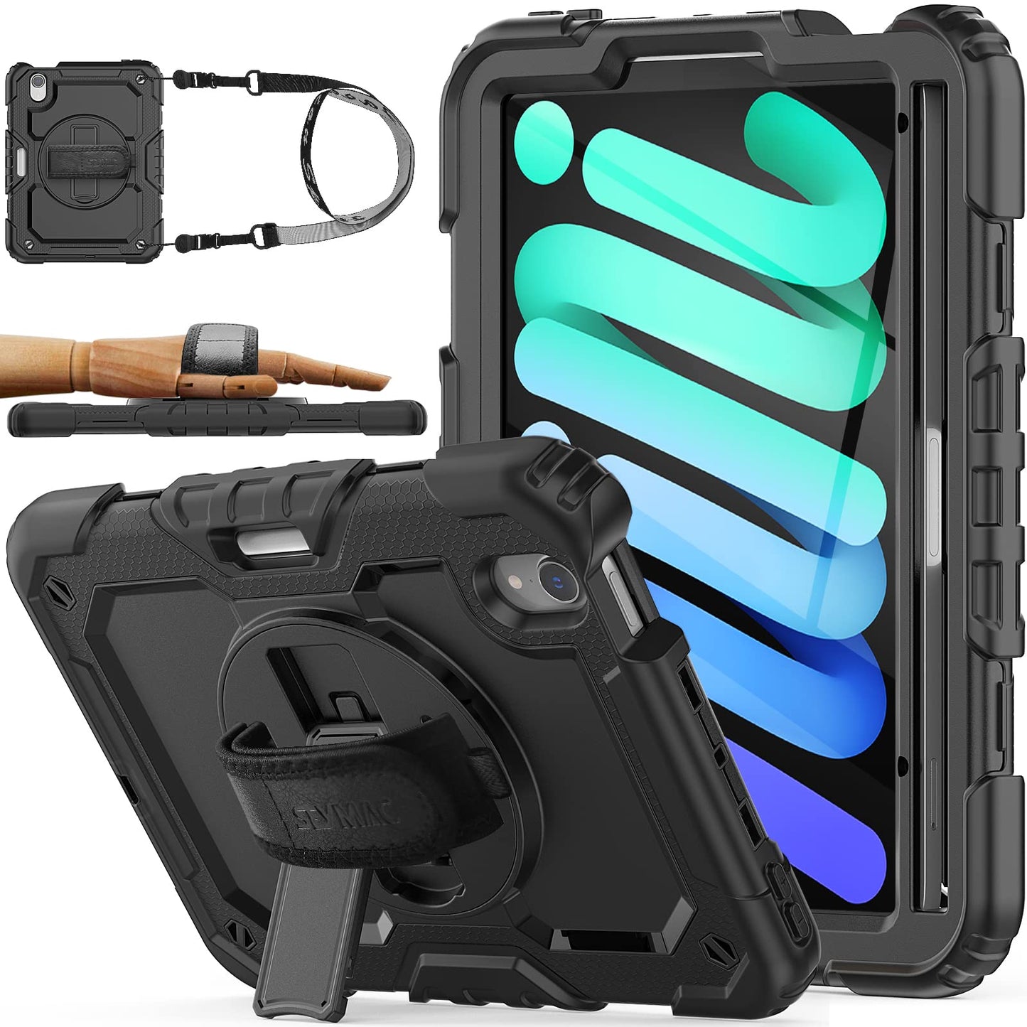 iPad Mini 6 Case 8.3 2021 with Screen Protector Pencil Holder [360 Rotating Hand Strap] &Stand, Drop-Proof Case for iPad Mini 6th Generation 8.3'', Black