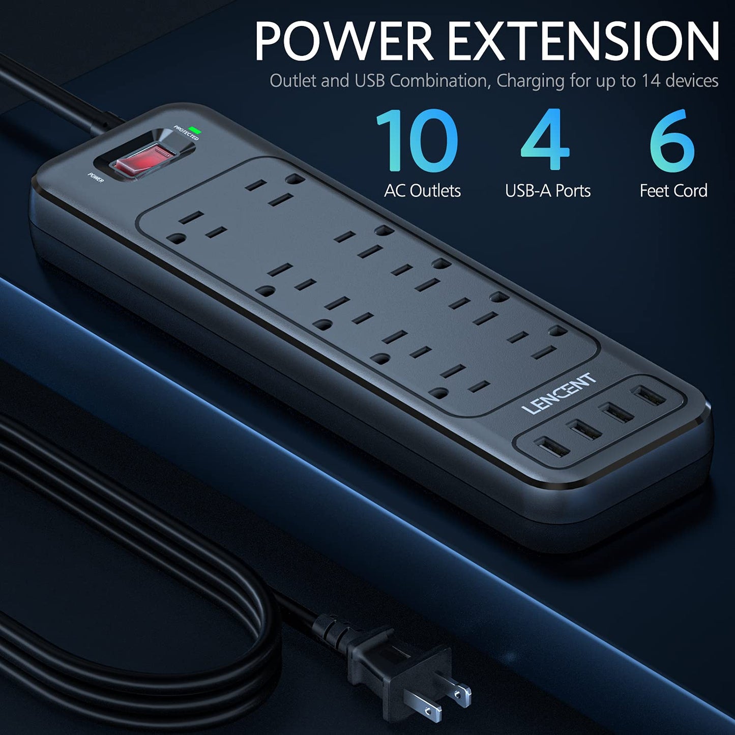 2 Prong Power Strip, Polarized 3 Prong to 2 Prong Outlet Adapter, 1700J Surge Protector, 6ft Extension Cord, 10 AC Outlets & 4 USB(5V 3.4A Max), Wall Mountable, Ideal for Non-Grounded Outlets