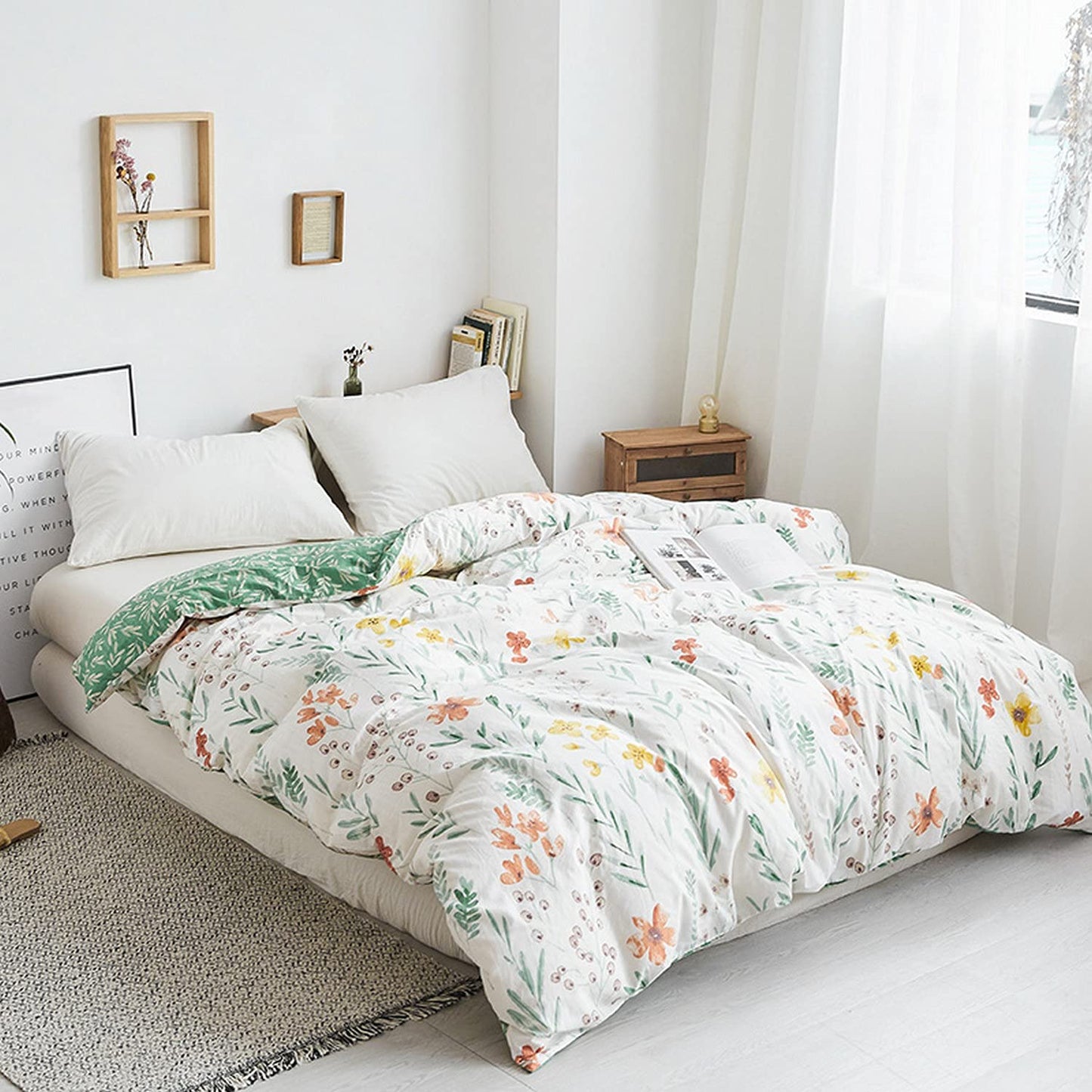 Floral Duvet Cover Sets Full Size, 100% Cotton Flower Pattern Bedding Botanical Plants Comforter Cover with Zipper Closure 1 Duvet Cover  2 Pillowcases, Super Soft Lightweight
