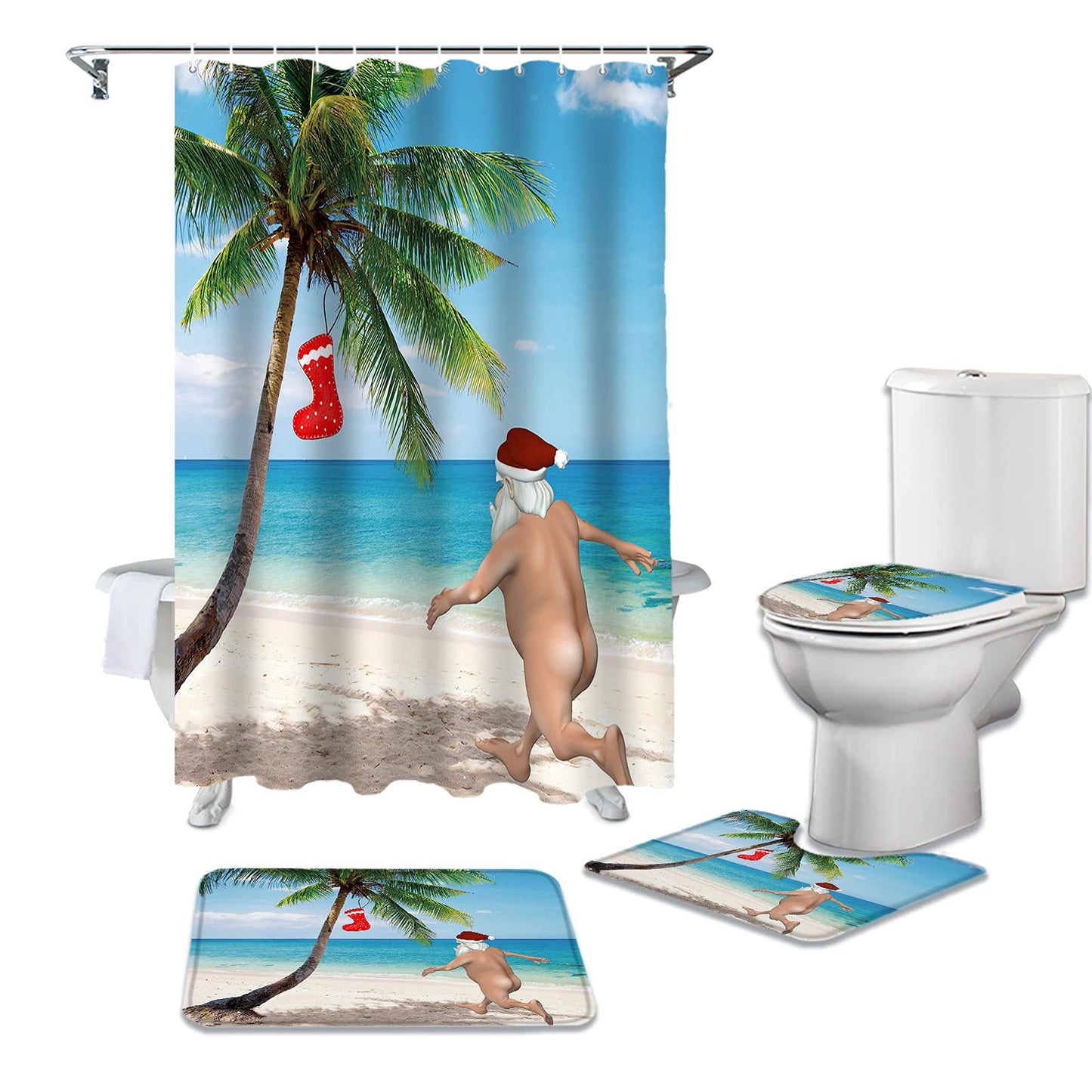 Shower Curtain and Rugs Set for Bathroom, Beach Funny Santa Claus Xmas Pattern Waterproof Shower Curtain with 12 Hooks, Absorbent Non-Skip Rugs and Tet Lid Cover Set 36"x72"