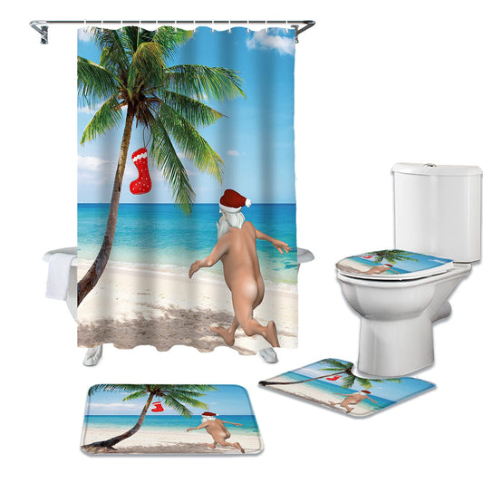 Shower Curtain and Rugs Set for Bathroom, Beach Funny Santa Claus Xmas Pattern Waterproof Shower Curtain with 12 Hooks, Absorbent Non-Skip Rugs and Tet Lid Cover Set 36"x72"