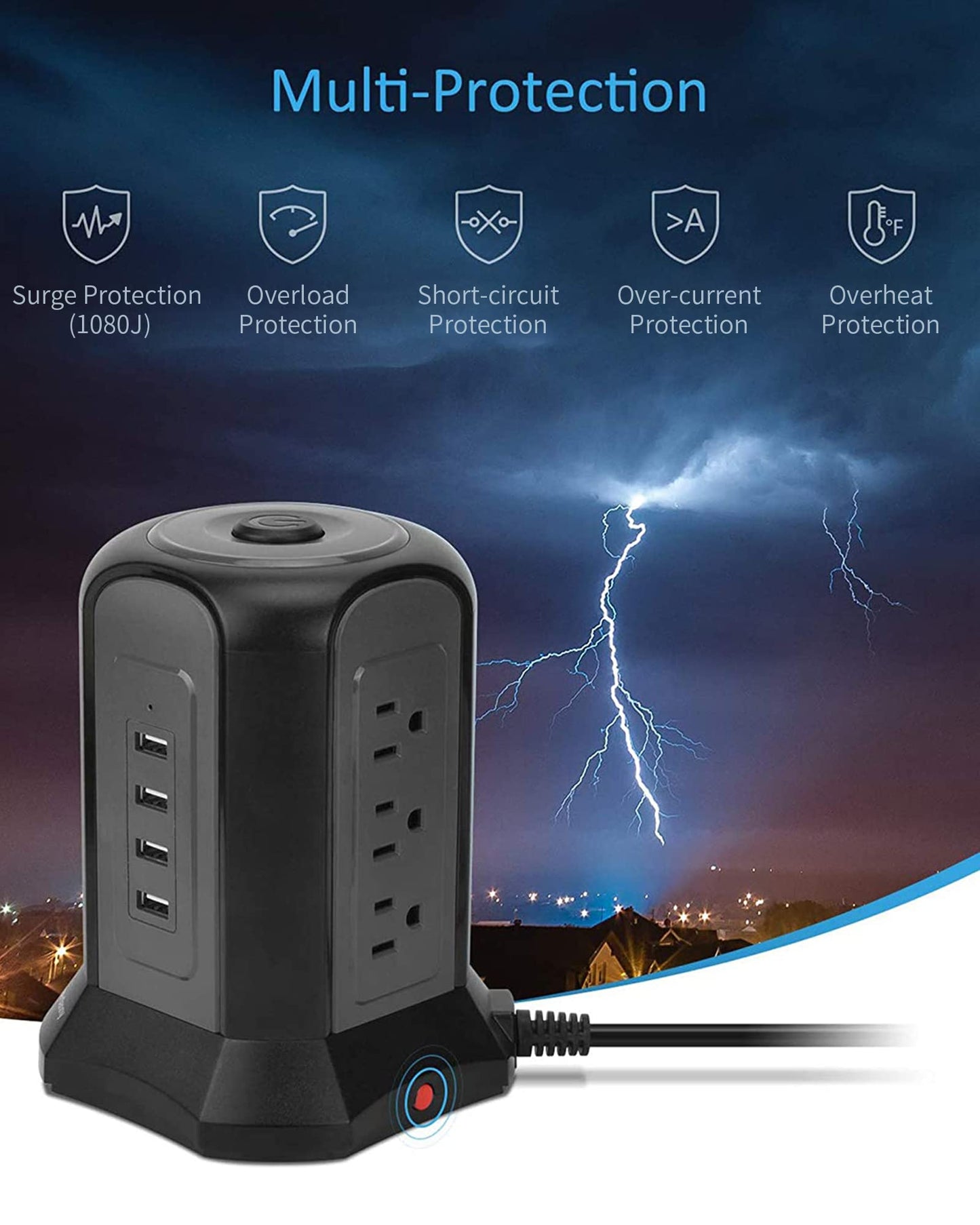 Power Strip Tower Surge Protector, Desktop Charging Station, 10 Ft Extension Cord, 9 Outlets, 4 USB Ports, 1080 Joules, 3-Prong, Grounded, Multiple Protections for Home, Office, Black
