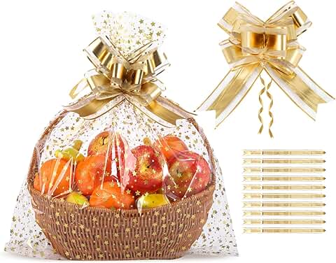 Large Clear Cellophane Gift Bags with Gold Ribbon, 20x20