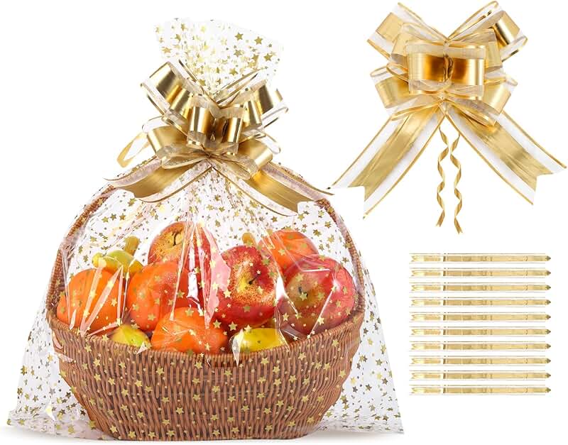 Large Clear Cellophane Gift Bags with Gold Ribbon, 20x20