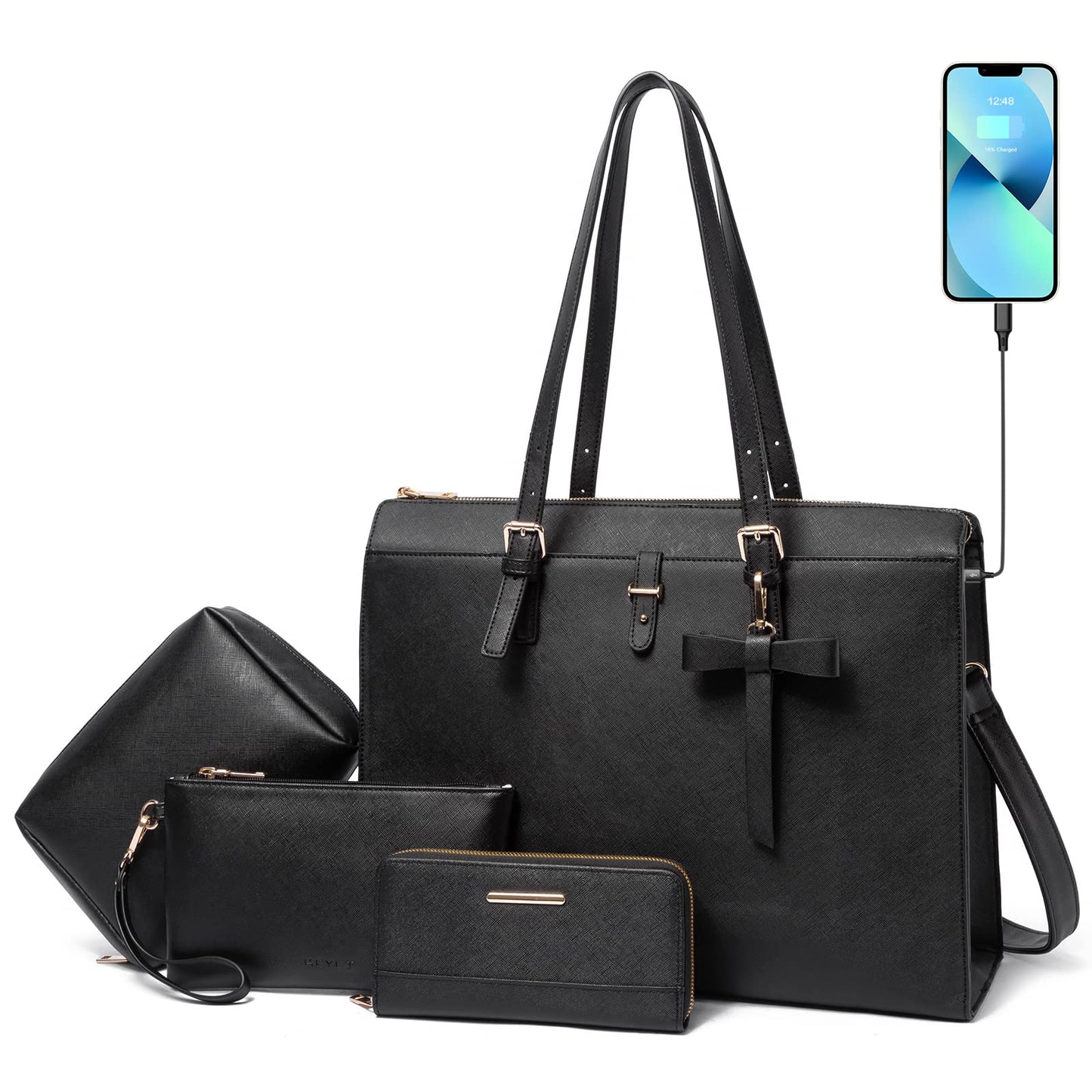 Laptop Tote Bag for Women Large Waterproof PU Leather Work Laptop Briefcase with Built-in USB Charging Port Computer Shoulder Bags Messenger Fits 15.6 Inch, Business Handbag Purse 4pcs Set Black