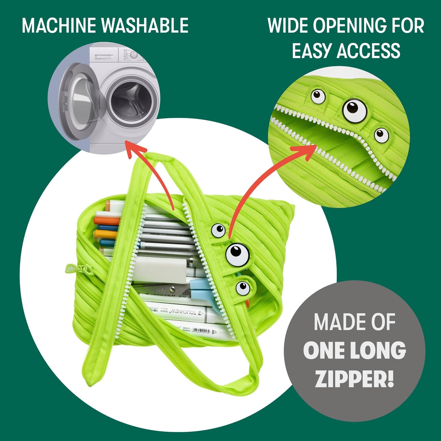 Large Lime Green Monster Pencil Case for Kids