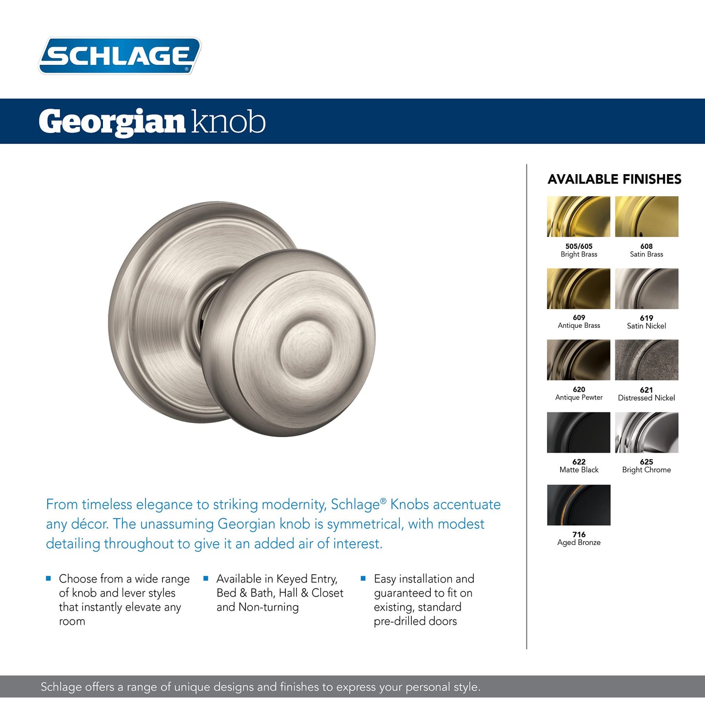 F40 GEO 619 Georgian Door Knob, Privacy Lock, Nickel
