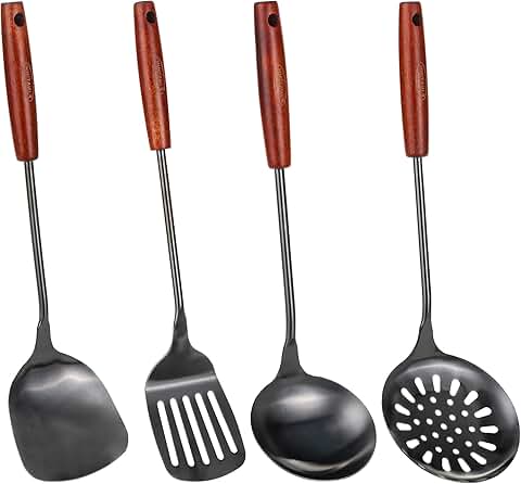 17-inch Stainless Steel Wok Utensil Set with Spatula Ladle and Skimmer