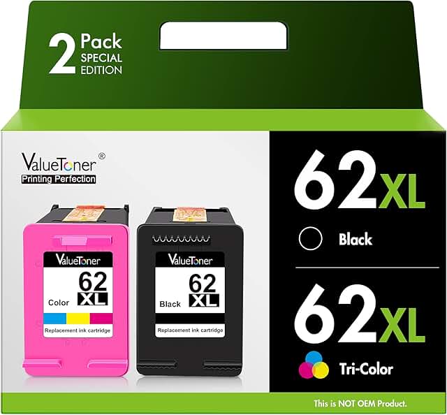 Black and color ink cartridges for HP printers (2-pack)