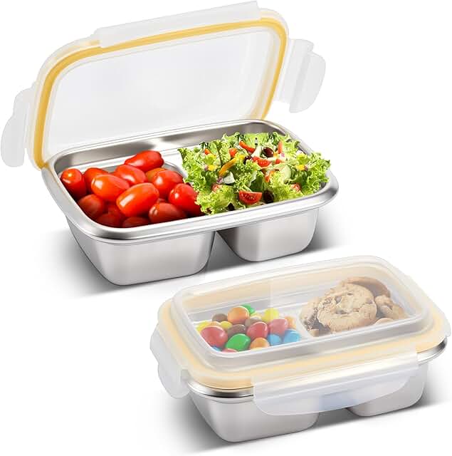 Two Stainless Steel Snack Containers, 550ml, Double Compartments