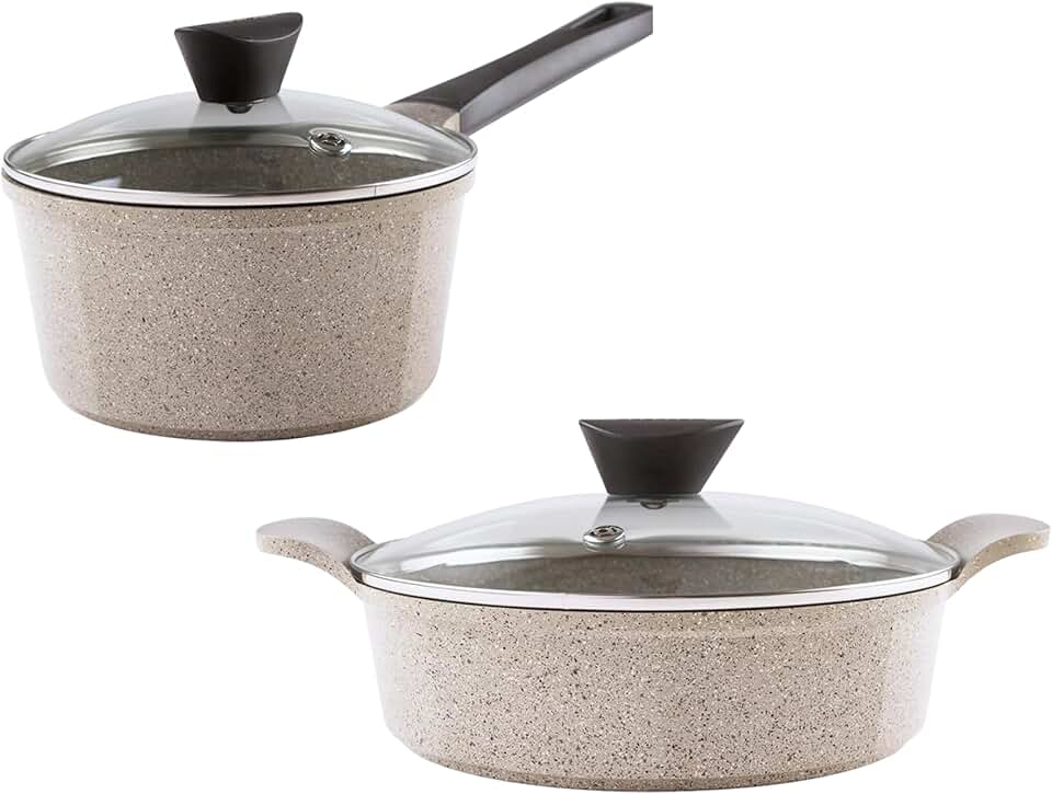 4-Piece Nonstick Cookware Set with Lids in Marble Color