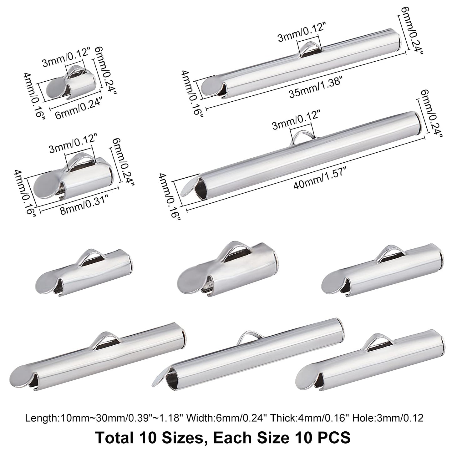 100pcs Stainless Steel Slide On End Clasp Tube Buckles for Jewelry Making
