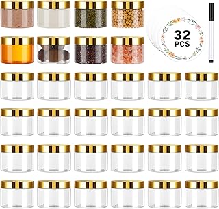 Set of 32 Clear 5 oz Plastic Jars with Gold Lids