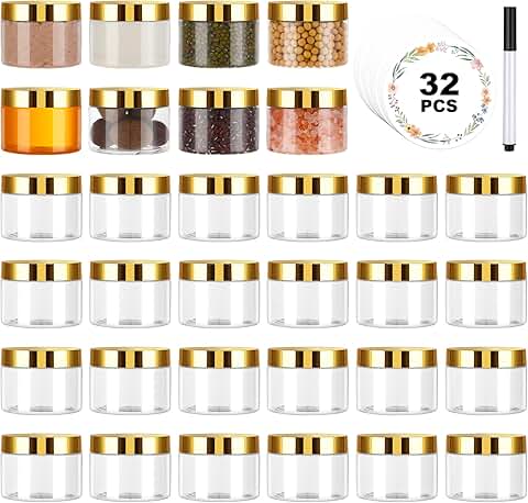 Set of 32 Clear 5 oz Plastic Jars with Gold Lids