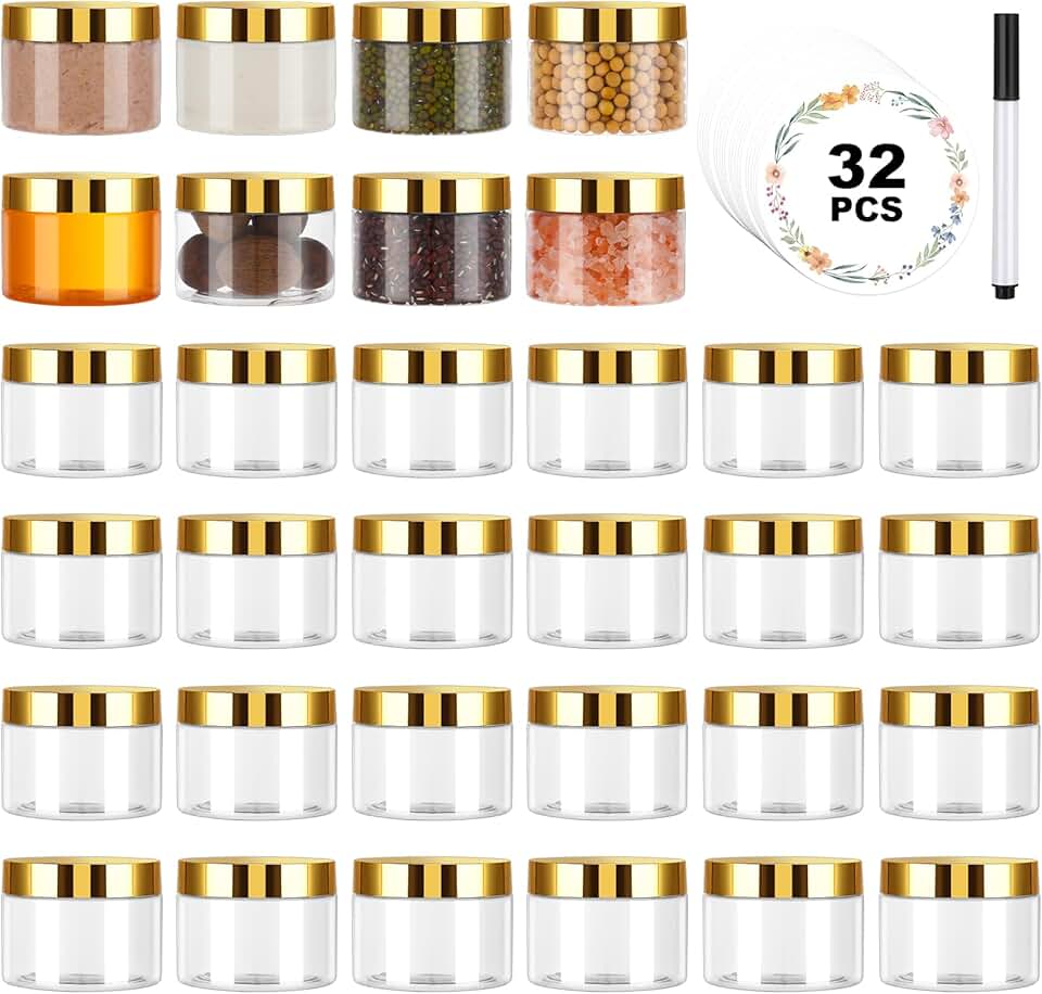 Set of 32 Clear 5 oz Plastic Jars with Gold Lids