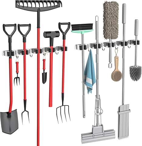2 Pack Wall Mount Broom and Mop Holders with Hooks