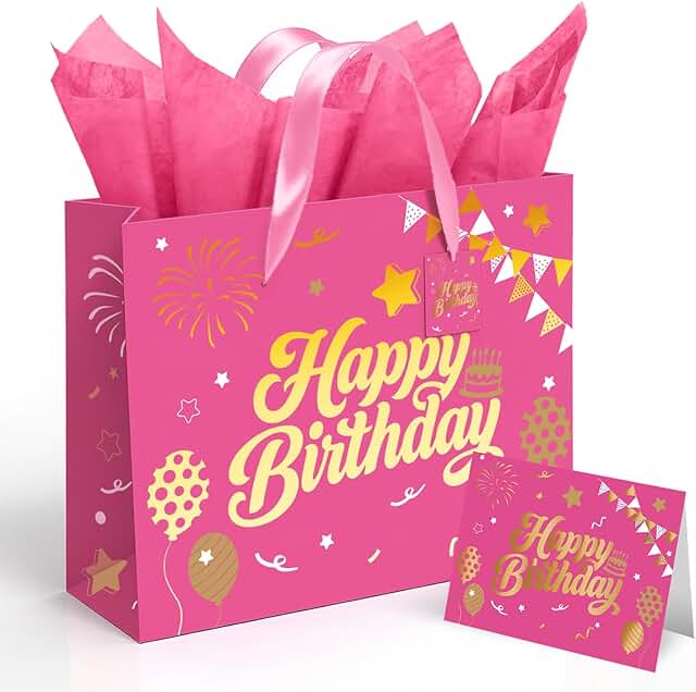 Pink 13-inch Birthday Gift Bag with Tissue and Card
