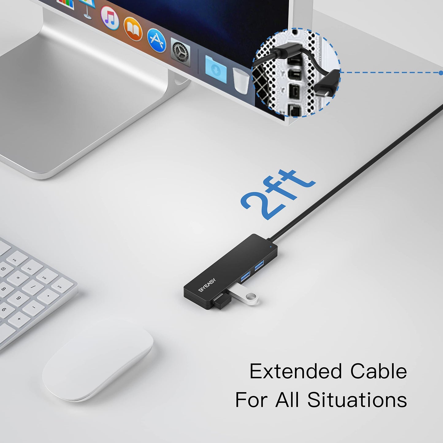 USB Hub, USB 3.1 C to USB 3.0 Hub with 4 Ports and 2ft Extended Cable, Ultra Slim Portable USB Splitter for MacBook, Mac Pro/Mini, iMac, Ps4, PS5, Surface Pro,Flash Drive, Samsung(Black)