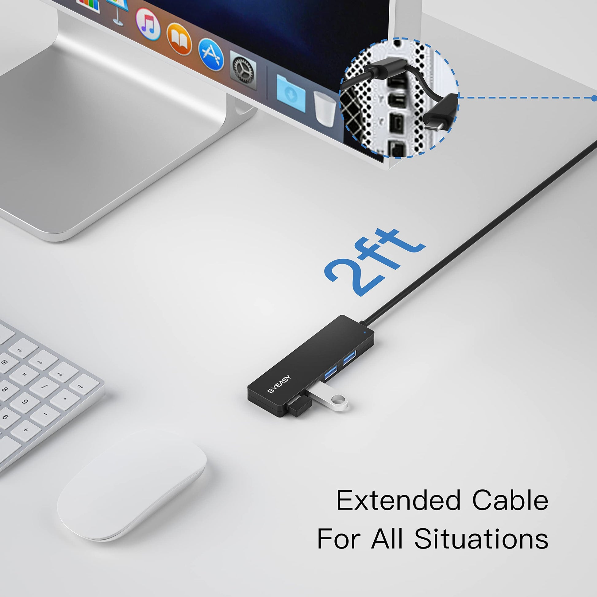 USB Hub, USB 3.1 C to USB 3.0 Hub with 4 Ports and 2ft Extended Cable, Ultra Slim Portable USB Splitter for MacBook, Mac Pro/Mini, iMac, Ps4, PS5, Surface Pro,Flash Drive, Samsung(Black)