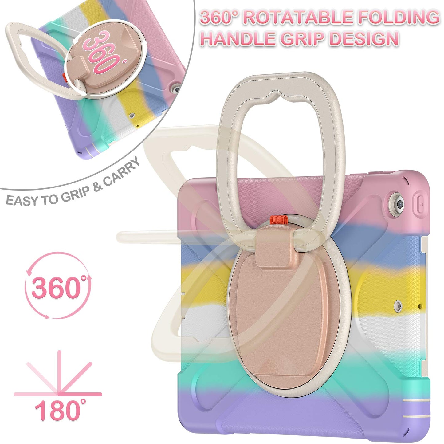 iPad 9th/ 8th/ 7th Generation Case (iPad 10.2 inch Rugged Case 2021/2020/2019) with Screen Protector, Rotating Stand/Pencil Holder/Carrying Shoulder Strap (Colourful Pink)