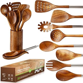 Set of 10 Wooden Cooking Spoons and Spatulas with Holder