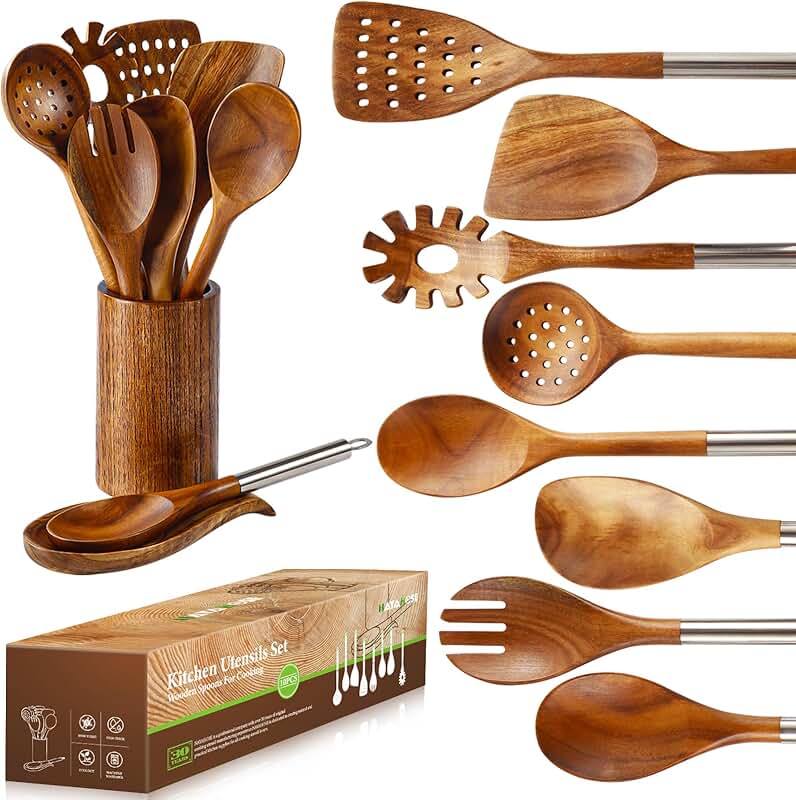 Set of 10 Wooden Cooking Spoons and Spatulas with Holder