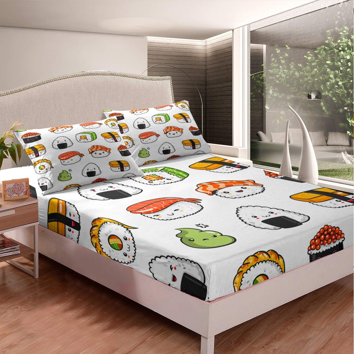Sushi Pattern Bedding Set Queen Size Kids Cute Bed Sheet Set for Girls Teens Bedroom Decor Cartoon Style Fitted Sheet Soft Microfiber K aii Bed Cover 1 Fitted Sheet  1 Pillow Case)