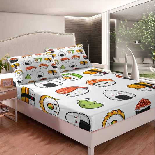 Sushi Pattern Bedding Set Queen Size Kids Cute Bed Sheet Set for Girls Teens Bedroom Decor Cartoon Style Fitted Sheet Soft Microfiber K aii Bed Cover 1 Fitted Sheet  1 Pillow Case)