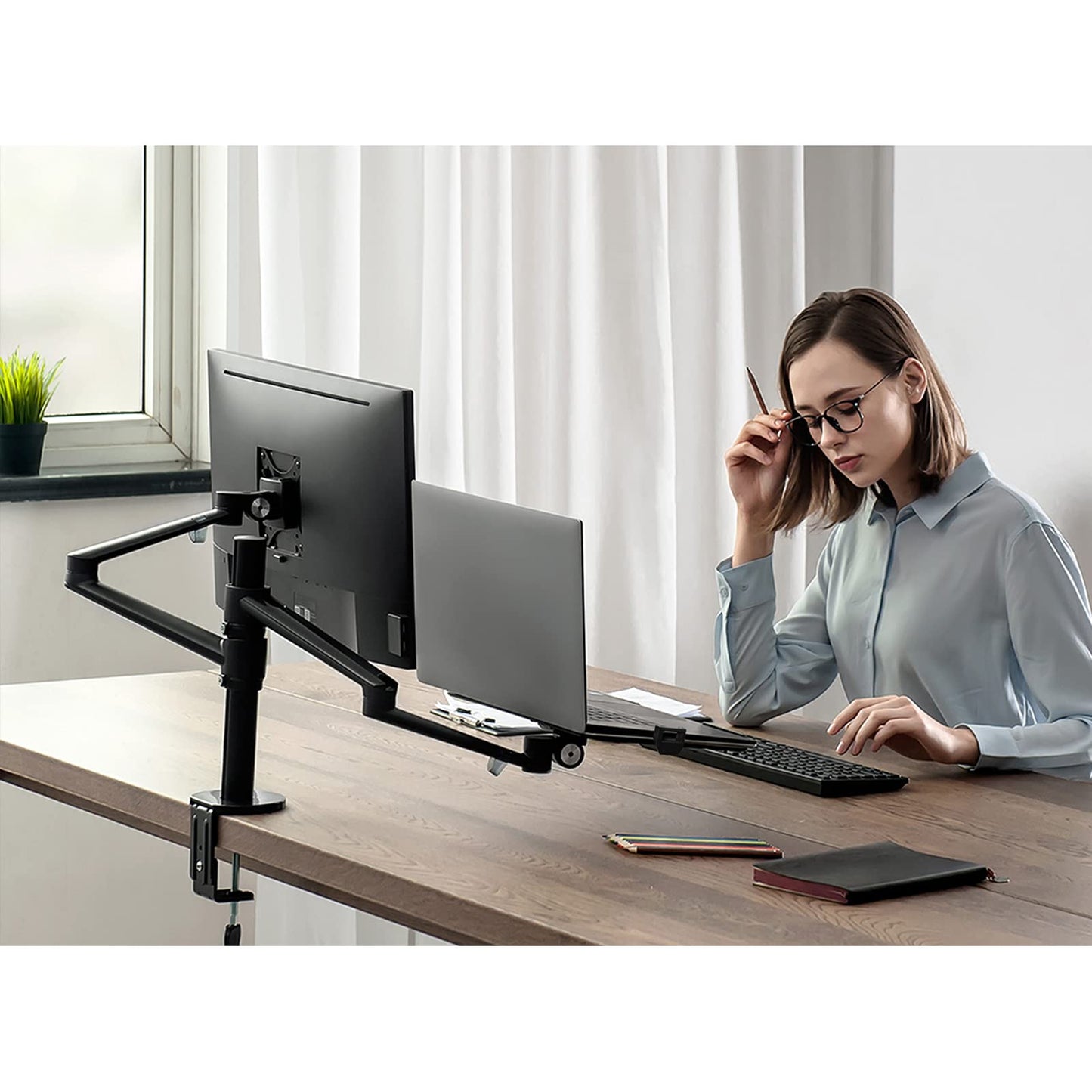 Monitor and Laptop Mount, 2-in-1 Adjustable Dual Arm Desk Mounts Single Desk Arm Stand/Holder for 17 to 32 Inch LCD Computer Screens, Extra Tray Fits 12 to 17 inch Laptops (Black)