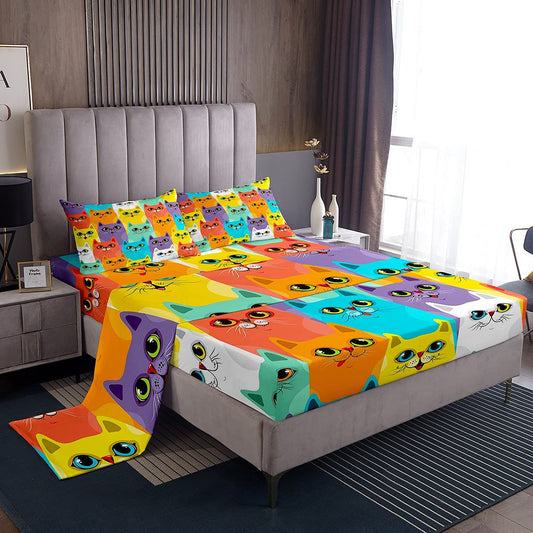 Kids Sheet Set Full Size Cartoon Pet Cats Pattern Bed Sheet Set Colorful Chic Cute Kitten Print Bed Sheets for Girls Boys Teens Bedroom Decor K aii Animal Themed Bedding Set for Cat Lover