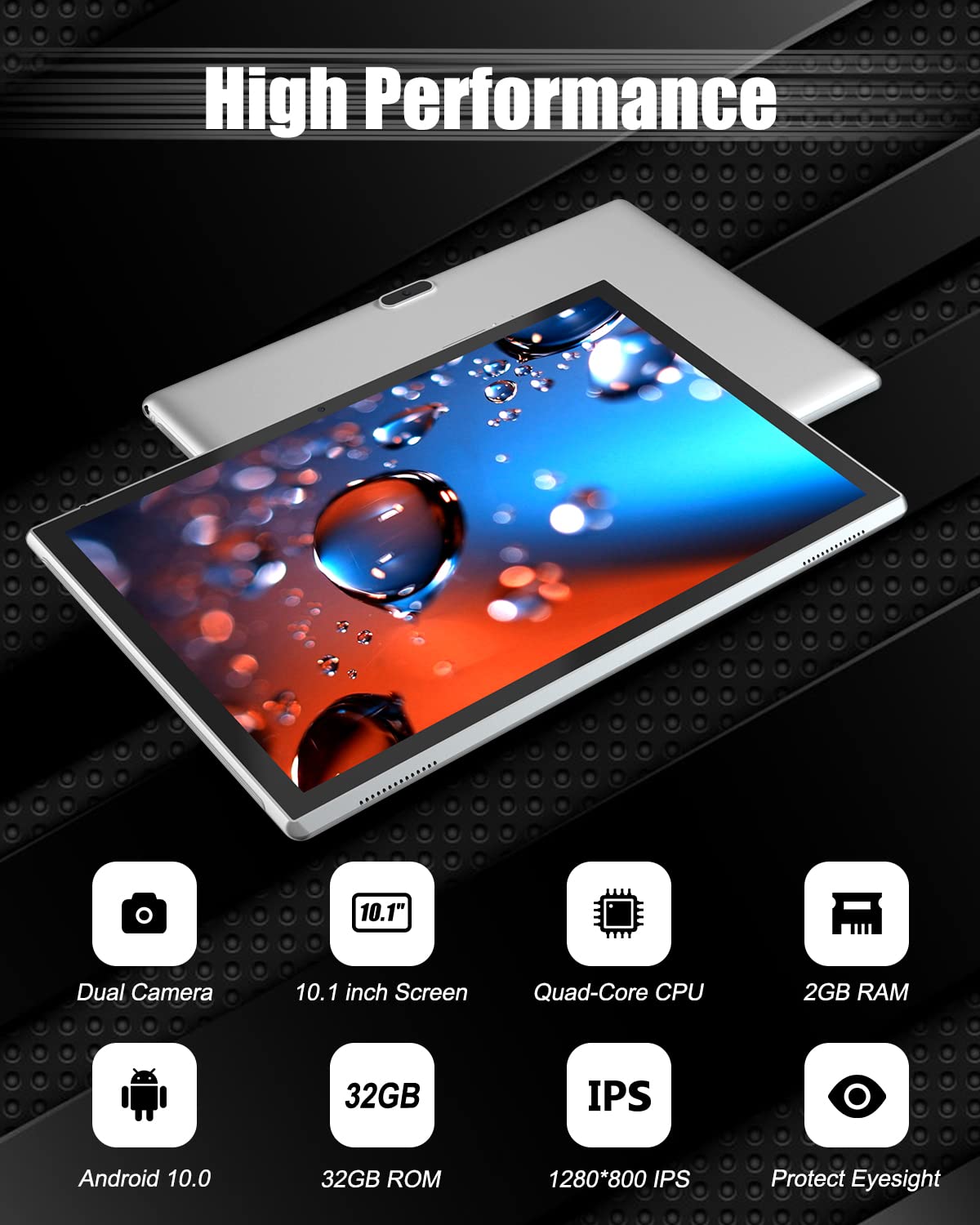 Tablet 10 Inch Android Tablets, 32GB ROM 512GB Expand6000mah Battery, Quad-Core Processor 2GB RAM Tableta, 8MP Camera WiFi GPS FM 10.1'' IPS HD Touch Screen, 10IN Tabletas, Silver Tablet.