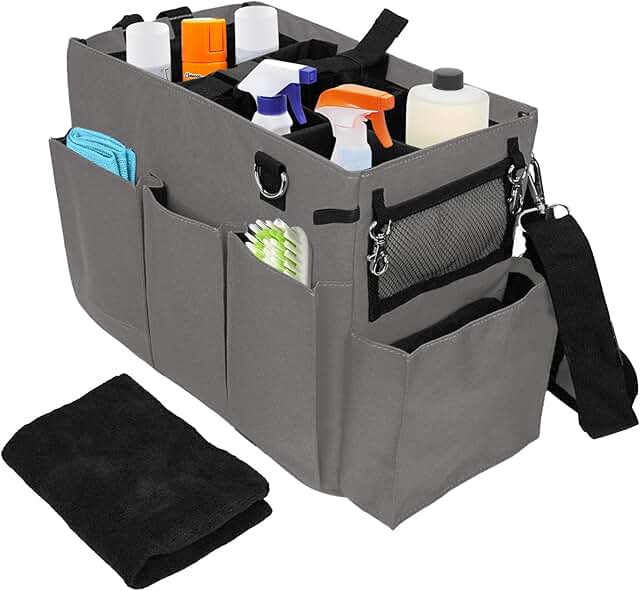 Large Gray Cleaning Caddy with Adjustable Straps