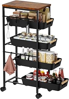 Slim 5-Tier Wooden Top Storage Cart with Wheels