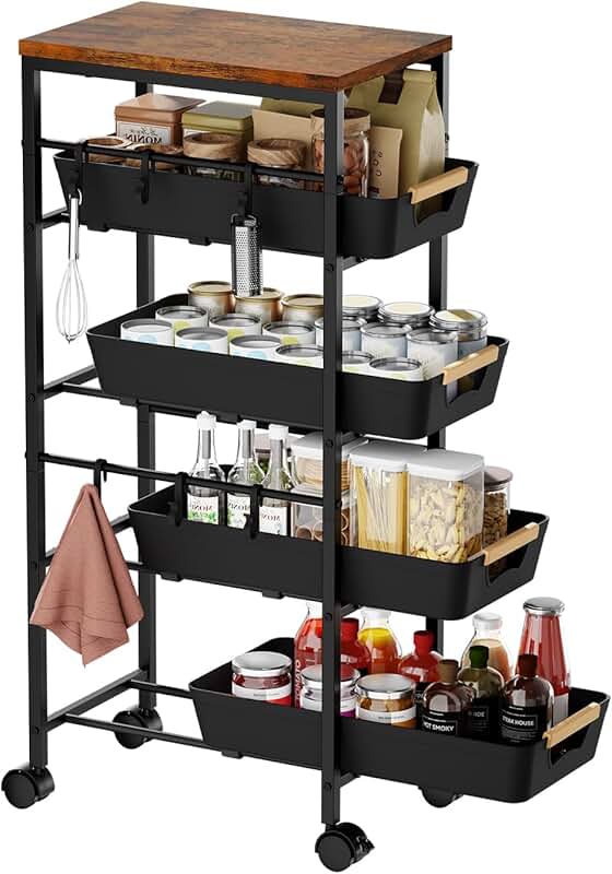 Slim 5-Tier Wooden Top Storage Cart with Wheels